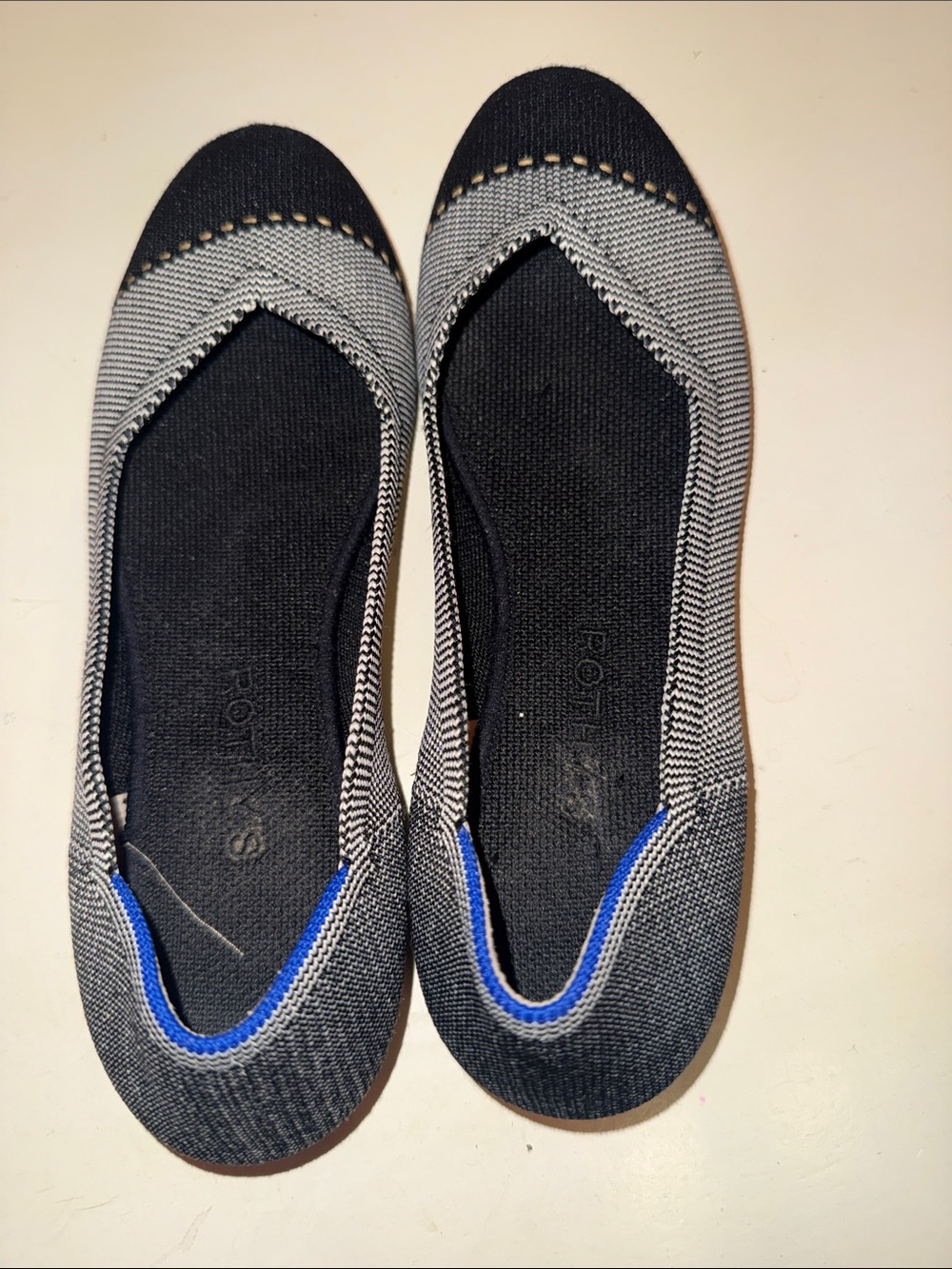 Rothy's Black and Gray Knit Slip-On Ballet Flats with Blue Trim